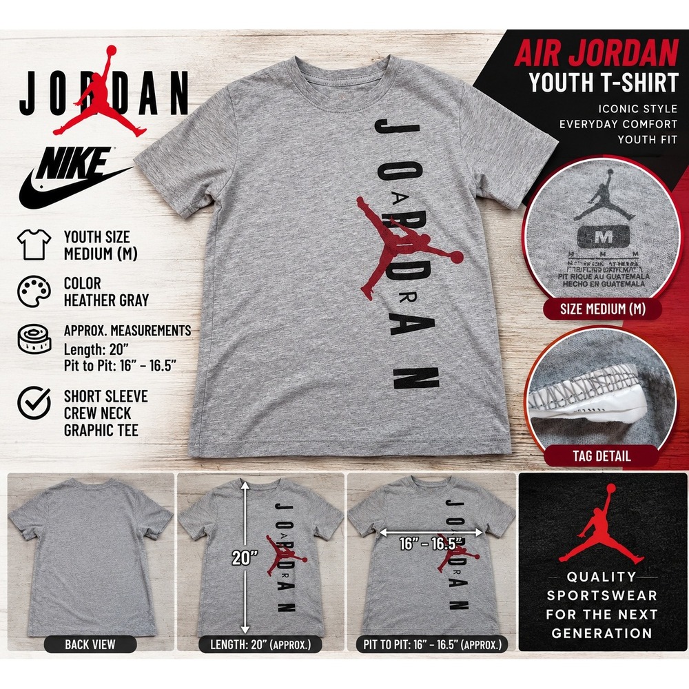 Nike Air Jordan Youth T-Shirt Heather Gray Red Jumpman Graphic Tee Size Medium